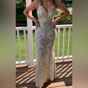 Betsy and Adam Elegant White and Silver Gown